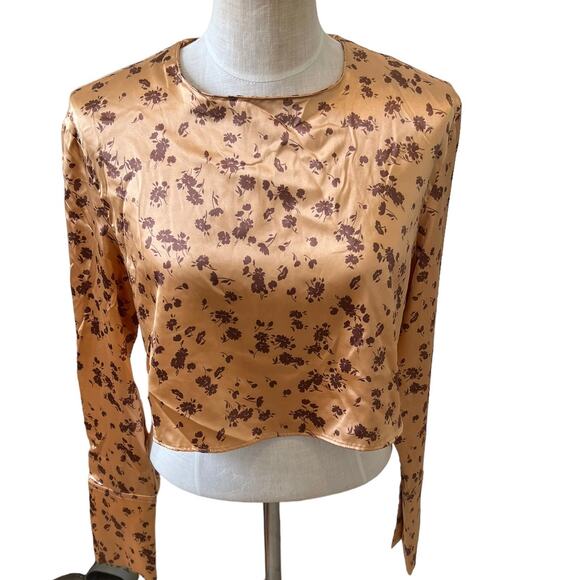 ZARA Floral print peach satin long sleeve Top L - Picture 1 of 7